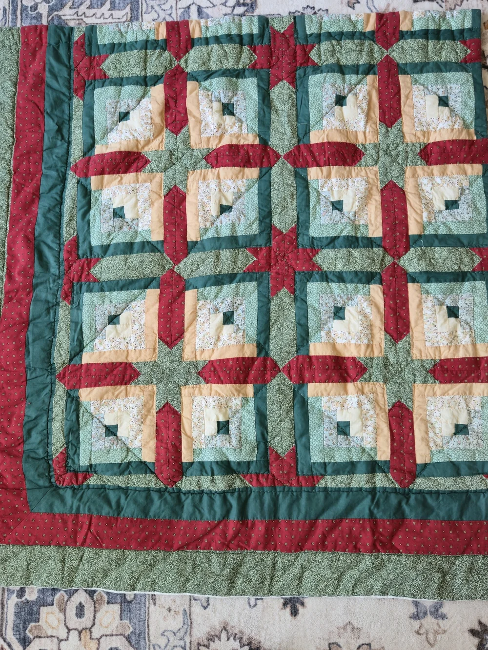 Vintage Quilted Christmas Curtain Panels Set 39x43 Patchwork Log Cabin Star Red